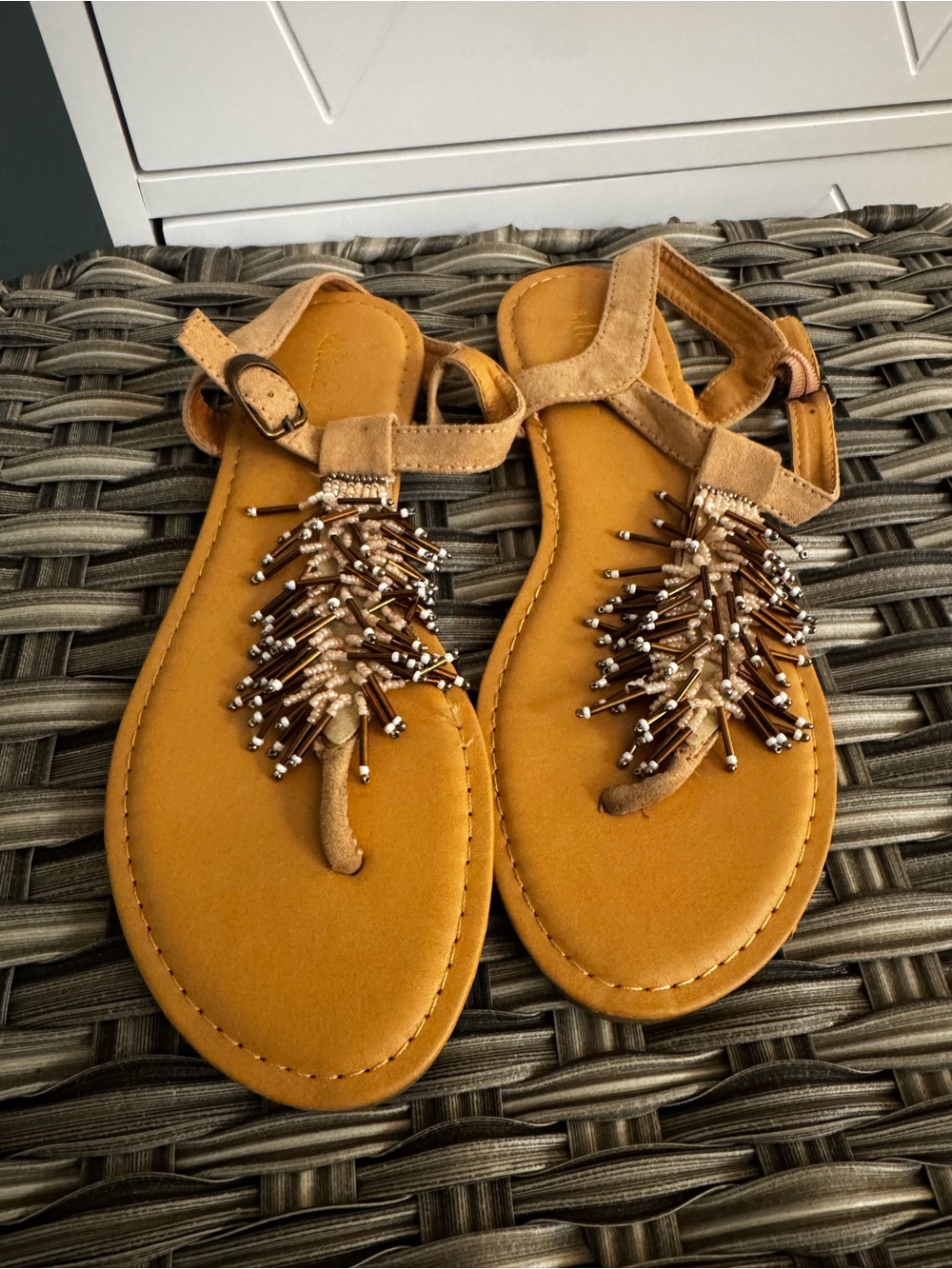 ALTAR’D STATE beaded flat  Tan Women's T-Strap Sandals 7.5 embellished